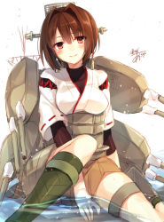 Rule 34 | 10s, 1girl, breasts, brown eyes, brown hair, hyuuga (kancolle), japanese clothes, kantai collection, large breasts, looking at viewer, one-hour drawing challenge, partially submerged, personification, pleated skirt, short hair, signature, skirt, solo, toosaka asagi