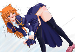 Rule 34 | animal ears, bent over, clothes lift, glasses, no panties, orange hair, priest, priest (ragnarok online), priestess, ragnarok online, skirt, skirt lift, solo, thighhighs