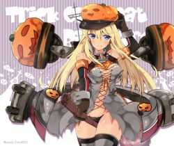 Rule 34 | 10s, 1girl, adapted costume, anchor, arm up, bare shoulders, between breasts, bismarck (kancolle), black panties, blonde hair, blue eyes, blush, breasts, broom, broom riding, brown gloves, character name, cleavage, closed mouth, collarbone, cowboy shot, detached sleeves, eyebrows, gloves, hair between eyes, halloween, hand on headwear, hat, holding, jack-o&#039;-lantern, kantai collection, large breasts, long hair, looking at viewer, military, military uniform, navel, orange ribbon, panties, peaked cap, ribbon, rigging, sidelocks, sleeve cuffs, smile, solo, stomach, striped, striped background, suzuki toto, thighhighs, twitter username, underwear, uniform