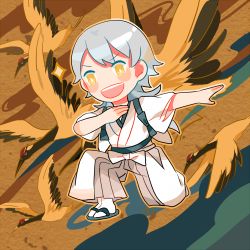 Rule 34 | 10s, 1boy, crane (animal), getiao, japanese clothes, lowres, male focus, on one knee, open mouth, red-crowned crane, silver hair, solo, sparkle, touken ranbu, tsurumaru kuninaga, yellow eyes