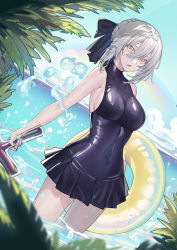 Rule 34 | 1girl, artoria pendragon (all), artoria pendragon (alter swimsuit rider) (first ascension) (fate), artoria pendragon (fate), bare arms, bare shoulders, black one-piece swimsuit, bow, breasts, covered navel, day, dress swimsuit, dutch angle, echj, excalibur morgan (fate), fate/grand order, fate (series), hair between eyes, hair bow, highres, holding, holding swim ring, holding sword, holding weapon, innertube, looking at viewer, medium breasts, ocean, official alternate costume, one-piece swimsuit, open mouth, outdoors, rainbow, saber alter, shiny clothes, short hair, sideboob, silver hair, solo, standing, swim ring, swimsuit, sword, wading, water, weapon, yellow eyes