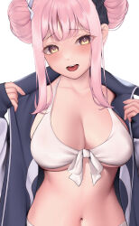 Rule 34 | 1girl, absurdres, bikini, black jacket, black scrunchie, blue archive, blush, breasts, double bun, hair bun, hair ornament, hair scrunchie, highres, jacket, looking at viewer, medium breasts, mika (blue archive), navel, open clothes, open jacket, pink hair, scrunchie, shirafuji ene, sidelocks, sleeves past wrists, solo, swimsuit, upper body, white background, white bikini, white scrunchie, yellow eyes
