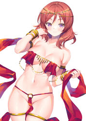 1girl bangle bare_shoulders bracelet breast_curtains breasts bucchake_(asami) circlet cleavage closed_mouth collarbone cowboy_shot dancer hand_up jewelry large_breasts looking_at_viewer love_live! love_live!_school_idol_project navel nishikino_maki pelvic_curtain purple_eyes red_hair revealing_clothes sash short_hair simple_background skindentation smile solo standing stomach thighlet thighs white_background