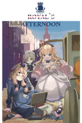 Rule 34 | 3girls, absurdres, azur lane, bare shoulders, black-framed eyewear, black footwear, blonde hair, blue eyes, blush, book, bow, brown hair, building, carriage, closed mouth, cloud, commentary, cosmetics, crossed arms, crown, day, dress, drill hair, english commentary, english text, fang, glasses, gloves, hair bow, hair over one eye, hairband, high heels, highres, light smile, lipstick tube, long hair, looking at another, looking at viewer, maid, maid headdress, mary janes, mini crown, multiple girls, on ground, open mouth, outdoors, purple eyes, queen elizabeth (azur lane), sakurami sumi, sheffield (azur lane), shoes, sidelocks, sitting, sky, standing, suitcase, v-shaped eyebrows, very long hair, warspite (azur lane), white bow, white dress, white gloves, white legwear