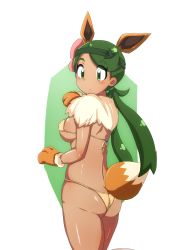 Rule 34 | 1girl, animal hands, ass, back, bare arms, beige bikini, bikini, blush, body blush, breasts, butt crack, closed mouth, cosplay, covered erect nipples, cowboy shot, creatures (company), dark-skinned female, dark skin, eevee, eevee (cosplay), eevee ears, eevee tail, expressionless, eyes visible through hair, female focus, flower, from behind, from side, fur collar, game freak, gen 1 pokemon, green background, green eyes, green hair, green hairband, hair flower, hair ornament, hair tie, hairband, hand up, highres, long hair, looking to the side, low twintails, mallow (pokemon), medium breasts, nintendo, pokemon, pokemon ears, pokemon sm, robert m, scrunchie, shiny skin, shoulder blades, sideboob, solo, standing, swept bangs, swimsuit, tail, thick eyebrows, thighs, trial captain, twintails, white background, white scrunchie, wrist scrunchie