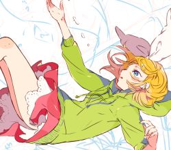 Rule 34 | 1girl, blonde hair, blue eyes, blush, bow, commentary, cowboy shot, drawstring, falling, frilled skirt, frills, green hoodie, hair bow, hair ornament, hairclip, hood, hoodie, kagamine rin, looking up, makoji (yomogi), melancholic (vocaloid), miniskirt, outstretched arm, parted lips, pink skirt, short hair, skirt, solo, swept bangs, vocaloid, wavy hair, white background, white bow
