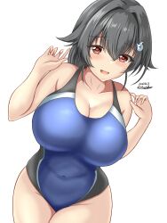Rule 34 | 1girl, alternate costume, black hair, black one-piece swimsuit, blush, breasts, commentary request, competition swimsuit, covered navel, dated, hair flaps, hair ornament, hairclip, highleg, highleg swimsuit, highres, impossible clothes, impossible swimsuit, jingei (kancolle), kantai collection, large breasts, long hair, looking at viewer, low ponytail, montemasa, multicolored clothes, multicolored swimsuit, one-piece swimsuit, open mouth, red eyes, smile, solo, swimsuit, twitter username, two-tone swimsuit