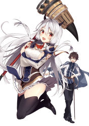 Rule 34 | 1boy, 1girl, :d, ascot, belt, black pants, black thighhighs, blue eyes, blush, breasts, brown hair, cape, copyright request, cover, cover page, hair between eyes, hammer, holding, holding weapon, horns, jacket, jumping, large breasts, long hair, long sleeves, looking at viewer, necomi, novel cover, novel illustration, official art, open mouth, pants, pleated skirt, red ascot, red eyes, ribbed sweater, simple background, skirt, smile, sweater, thighhighs, weapon, white background, white skirt