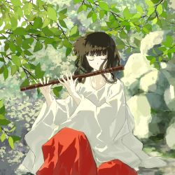Rule 34 | 1girl, black hair, blunt bangs, chinese commentary, closed eyes, collarbone, commentary, dot mouth, flute, forest, green theme, hakama, holding, holding instrument, huanjing wutuobang, instrument, inuyasha, japanese clothes, kikyou (inuyasha), leaf, limited palette, long hair, long sleeves, miko, music, nature, outdoors, playing flute, playing instrument, red hakama, rock, sitting, sitting on person, solo, transverse flute
