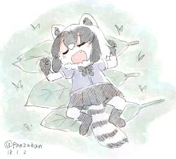 Rule 34 | 10s, 1girl, animal ears, black bow, black footwear, black gloves, black hair, black skirt, blue shirt, blush stickers, bow, clenched hands, common raccoon (kemono friends), closed eyes, fang, full body, fur collar, gloves, grass, hands up, kemono friends, leaf, lying, multicolored hair, on back, open mouth, outdoors, panzuban, pleated skirt, puffy short sleeves, puffy sleeves, raccoon tail, shirt, short hair, short sleeves, skirt, sleeping, smile, solo, striped tail, tail, twitter username, two-tone hair, white hair