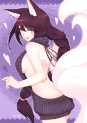 Rule 34 | 1girl, :d, ahri (league of legends), animal ears, aran sweater, back, backless dress, backless outfit, bare arms, bare back, bare shoulders, beancurd, black hair, black sweater, blush, braid, breasts, butt crack, cable knit, cowboy shot, dress, facial mark, fingernails, fox ears, fox tail, from behind, hair tie, halterneck, heart, highres, league of legends, long hair, looking at viewer, medium breasts, meme attire, multiple tails, naked sweater, open mouth, purple background, sharp fingernails, sideboob, single braid, slit pupils, smile, solo, sweater, sweater dress, tail, turtleneck, turtleneck sweater, very long hair, virgin killer sweater, whisker markings