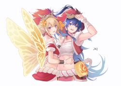 Rule 34 | 2girls, absurdres, arm up, bandages, bare shoulders, blonde hair, blue eyes, blue hair, butterfly wings, chest sarashi, commentary, da-cart, fire emblem, fire emblem: the sacred stones, fire emblem heroes, highres, insect wings, long hair, mask, mask on head, multiple girls, nintendo, official alternate costume, peony (fire emblem), pointy ears, ponytail, purple eyes, red vest, sarashi, simple background, strapless, tana (fire emblem), tube top, upper body, very long hair, vest, white background, wings, wrist wrap