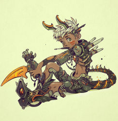 Rule 34 | 1boy, brown background, cyborg, dark-skinned male, dark skin, disembodied limb, doll joints, facial mark, green eyes, highres, holding, humanoid robot, joints, looking at viewer, mechanical arms, mechanical legs, mechanical parts, midriff peek, moonby, navel, original, procreate (medium), robot, robot joints, screwdriver, spiked tail, tail, teeth, white hair