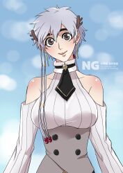 anno_im antlers artist_name bare_shoulders bleach bleach:_brave_souls bow bowtie breasts brown_eyes christmas cloud earrings grey_hair highres jewelry kotetsu_isane looking_at_viewer medium_breasts official_alternate_costume reindeer_antlers shiny_skin short_hair sidelocks sky