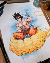 Rule 34 | 1boy, absurdres, black hair, colored pencil (medium), dougi, dragon ball, dragonball z, food, full body, grin, highres, looking at viewer, male focus, muscular, muscular male, nipples, pants, pectorals, pedro renji, photo (medium), simple background, sitting, smile, solo, son goku, spiked hair, sunglasses, topless male, traditional media