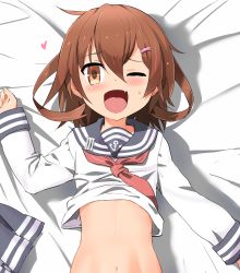 Rule 34 | 10s, 1girl, bed, bed sheet, blush, bottomless, brown eyes, brown hair, child, clothes lift, fang, gradient background, hair ornament, hairclip, happy, heart, ikazuchi (kancolle), implied sex, kantai collection, long sleeves, lying, mushi gyouza, navel, on back, one eye closed, open mouth, out-of-frame censoring, school uniform, serafuku, shirt lift, short hair, skirt, unworn skirt, smile, solo, sweat