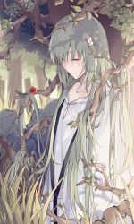 Rule 34 | 1other, branch, closed eyes, closed mouth, collarbone, commentary, day, enkidu (fate), expressionless, fate/grand order, fate/strange fake, fate (series), flower, grass, green hair, highres, leaf, long hair, nature, other focus, outdoors, plant, red flower, robe, serirari, solo, tree, upper body, very long hair, vines, white flower, white robe