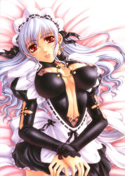 Rule 34 | 1girl, areola slip, bed, blue hair, breasts, cleavage, covered erect nipples, cross, crossed arms, dress, earrings, highres, jewelry, kanesada keishi, lace, large breasts, long hair, lying, maid, nipple slip, nipples, own hands together, red eyes, ribbon-trimmed dress, solo