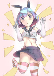 Rule 34 | 10s, 1girl, bad id, bad pixiv id, bare shoulders, black panties, blue eyes, blue hair, blue skirt, blush, breasts, cosplay, crop top, crossover, elbow gloves, eyes visible through hair, gloves, hair ornament, hairband, hairclip, highleg, highleg panties, kantai collection, looking at viewer, medium breasts, midriff, miniskirt, navel, no shoes, open mouth, panties, paw pose, pink background, pleated skirt, re:zero kara hajimeru isekai seikatsu, rem (re:zero), shimakaze (kancolle), shimakaze (kancolle) (cosplay), short hair, skirt, solo, standing, standing on one leg, striped clothes, striped thighhighs, thighhighs, thighs, toes, underboob, underwear, white gloves, wht innov, x hair ornament, zettai ryouiki