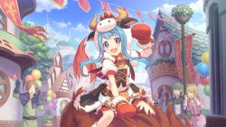Rule 34 | 1girl, animal ears, bell, blue hair, braid, button eyes, buttons, cow ears, cow hood, cowbell, crown, cygames, extra, faceless, faceless male, festival, fur trim, gloves, horns, mahiru (princess connect!), neck bell, official art, people, princess connect!, purple eyes