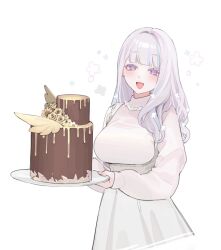 Rule 34 | 1girl, azur lane, breasts, cake, chocolate cake, dress, fingernails, food, highres, holding, holding tray, large breasts, light purple hair, long sleeves, looking at viewer, ohisashiburi, open mouth, pink eyes, pink sweater, plymouth (azur lane), simple background, sleeves past wrists, smile, solo, sweater, tray, valentine, white background, white dress