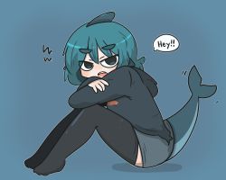 Rule 34 | 1girl, black hoodie, black thighhighs, blue background, blue eyes, blue hair, commentary request, english text, fins, fish tail, fuka-chan, full body, grey skirt, highres, hood, hood down, hoodie, knees up, long sleeves, looking at viewer, looking to the side, no shoes, open mouth, original, shadow, shark tail, sharp teeth, short eyebrows, simple background, sitting, skirt, sleeves past wrists, solo, tail, teeth, thick eyebrows, thighhighs, uni souchou