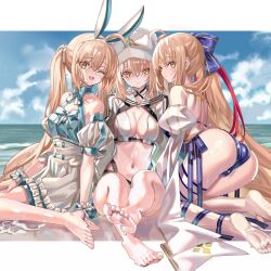 Rule 34 | 3girls, ahoge, animal ears, artoria caster (fate), artoria caster (swimsuit) (fate), artoria caster (swimsuit) (first ascension) (fate), artoria caster (swimsuit) (second ascension) (fate), artoria caster (swimsuit) (third ascension) (fate), artoria pendragon (fate), ass, bare shoulders, barefoot, baseball cap, beach, bikini, blonde hair, blue dress, blue one-piece swimsuit, blue ribbon, blue sky, blush, bow, breasts, cleavage, cropped jacket, detached sleeves, dress, facial mark, fake animal ears, fate/grand order, fate (series), forehead mark, green eyes, hair bow, hairband, hat, highleg, highleg swimsuit, highres, jacket, long hair, long sleeves, looking at viewer, looking back, multiple girls, multiple persona, navel, one-piece swimsuit, one eye closed, open mouth, puffy short sleeves, puffy sleeves, rabbit ears, ribbon, shino (eefy), shore, short sleeves, shrug (clothing), skirt, sky, smile, swimsuit, twintails, very long hair, white bikini, white headwear, white jacket, white skirt, white sleeves, wide sleeves