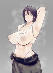 Rule 34 | 1girl, abs, armpits, arms up, belt, breasts, chequita, closed mouth, female focus, fingerless gloves, gloves, gradient background, green eyes, huge breasts, impossible clothes, isami jun, jormungand (manga), muscular, nipples, panties, purple hair, see-through, smell, smile, solo, steam, sweat, sweat stain, tank top, underwear