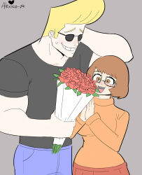 Rule 34 | 1boy, 1girl, biceps, black-framed eyewear, black shirt, blonde hair, blue pants, bouquet, breasts, broad shoulders, brown eyes, brown hair, cartoon network, clothes lift, commentary, crossover, denim, flower, freckles, gift, glasses, grin, hand on own head, hanna-barbera, height difference, highres, holding, holding bouquet, jeans, johnny bravo, johnny bravo (series), large breasts, large pectorals, muscular, muscular male, nervous, nervous smile, nervous sweating, orange sweater, own hands clasped, own hands together, pants, pectorals, pompadour, red flower, red rose, red skirt, rose, scooby-doo, scratching head, shirt, short hair, shy, skirt, smile, spanish commentary, sunglasses, sweat, sweatdrop, sweater, sweater lift, thecooleralexico, tight clothes, tight shirt, turtleneck, turtleneck sweater, twitter username, velma dace dinkley