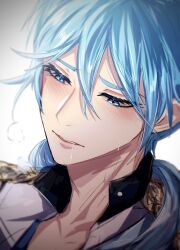 Rule 34 | 1boy, blue eyes, blue hair, blush, close-up, drooling, edmond (nu carnival), hair between eyes, highres, long hair, male focus, nu carnival, ponytail, sweat, unbuttoned, unbuttoned shirt, upper body, white background, yadome810