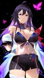 Rule 34 | 1girl, ahoge, bare shoulders, black background, black shorts, breasts, commentary request, covered navel, cowboy shot, highres, honkai: star rail, honkai (series), kameponde, large breasts, long hair, looking at viewer, partial commentary, purple eyes, purple hair, seele (honkai: star rail), short shorts, shorts, smile, solo, standing, thighs, very long hair