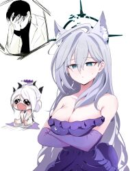 Rule 34 | 1boy, 2girls, ahoge, animal ear fluff, animal ears, black horns, blue archive, blue eyes, blush, breasts, cleavage, closed mouth, cosplay, dark halo, demon horns, demon wings, dress, elbow gloves, extra ears, fang, gloves, grey hair, hair between eyes, halo, highres, hina (blue archive), hina (blue archive) (cosplay), hina (dress) (blue archive), horns, large breasts, long hair, mismatched pupils, multiple girls, multiple horns, purple dress, purple gloves, purple wings, sensei (blue archive), shiroko (blue archive), shiroko terror (blue archive), simple background, skyrain315, strapless, strapless dress, white background, wings, wolf ears