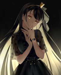 Rule 34 | 1girl, belt, black dress, black hair, brown eyes, center frills, colored inner hair, commentary, crown, dress, earrings, english commentary, frills, hairband, hand on own face, hands up, head tilt, highres, jewelry, long hair, looking at viewer, mini crown, multicolored hair, night, original, parted lips, see-through, see-through sleeves, short sleeves, sky, solo, star (sky), starry sky, swept bangs, transparent sleeves, urata asao, very long hair, watch, wristwatch