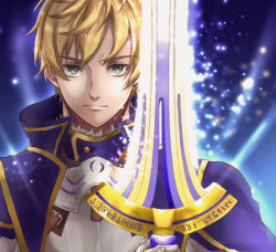 Rule 34 | 1boy, armor, armored dress, arthur pendragon (fate), blonde hair, blue cape, blue dress, breastplate, cape, dress, excalibur (fate/stay night), excalibur (fate/prototype), fate/grand order, fate/prototype, fate (series), gauntlets, greaves, green eyes, hair between eyes, holding, holding sword, holding weapon, looking at viewer, male focus, pauldrons, short hair, shoulder armor, simple background, solo, sword, upper body, user pdxp8238, weapon