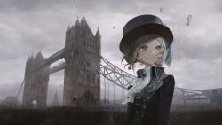 Rule 34 | 1girl, ascot, black hat, black jacket, black vest, blue bow, boater hat, bow, collared shirt, day, expressionless, gem, grey eyes, grey hair, hair bun, hat, hat bow, highres, jacket, london, looking to the side, official art, outdoors, overcast, purple gemstone, rain, reverse:1999, shirt, short hair, single side bun, sky, solo, swept bangs, tower bridge (london), turning head, upper body, vertin (reverse:1999), vest, water drop, white ascot, white shirt