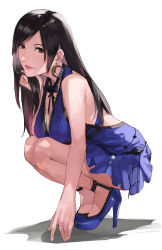 Rule 34 | 1girl, backless dress, backless outfit, bare arms, bare legs, blazpu, blue dress, breasts, brown eyes, brown hair, crescent, crescent earrings, dress, earrings, final fantasy, final fantasy vii, final fantasy vii remake, head rest, high heels, highres, jewelry, large breasts, lips, long hair, looking at viewer, neck ribbon, purple dress, ribbon, short dress, smile, solo, squatting, tifa lockhart, tifa lockhart (refined dress), wall market