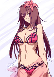 Rule 34 | 1girl, absurdres, arms behind back, bikini, blush, breasts, chaoxi, cleavage, closed mouth, cowboy shot, dated, fate/grand order, fate (series), flower, hair flower, hair ornament, highres, large breasts, long hair, looking at viewer, navel, pink bikini, purple hair, red eyes, sarong, scathach (fate), scathach (fate/grand order), scathach (swimsuit assassin) (fate), see-through, signature, smile, solo, standing, stomach, swimsuit, two-tone background, very long hair, wristband