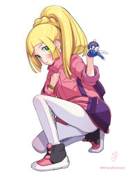 Rule 34 | 1girl, bede (pokemon), bede (pokemon) (cosplay), black footwear, blonde hair, blush, boots, braid, closed mouth, coat, commentary, cosplay, creatures (company), eyelashes, from side, game freak, gloves, great ball, green eyes, highres, holding, holding poke ball, kinocopro, lillie (pokemon), long hair, looking at viewer, nintendo, on one knee, pants, partially fingerless gloves, pink coat, poke ball, pokemon, pokemon sm, pokemon swsh, ponytail, simple background, single glove, smile, solo, twitter username, watch, watermark, white background, white pants, wristwatch