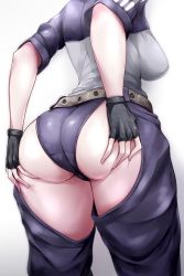Rule 34 | 1girl, absurdres, ass, ass cutout, ass focus, ass grab, ass support, belt, black gloves, breasts, chaps, close-up, clothing cutout, commission, deep skin, fingerless gloves, from behind, girls&#039; frontline, gloves, grabbing own ass, highres, large breasts, lower body, medium breasts, mg5 (girls&#039; frontline), nofuture, revealing clothes, short sleeves, solo