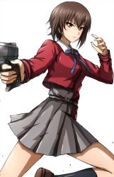 Rule 34 | 1girl, black socks, blue ribbon, brown eyes, brown footwear, brown hair, collared shirt, commentary, cosplay, dress, finger on trigger, girls und panzer, grey dress, gun, highres, holding, holding gun, holding weapon, leg up, loafers, looking at viewer, lycoris recoil, lycoris uniform, neck ribbon, nishikigi chisato (cosplay), nishizumi maho, omachi (slabco), pleated dress, red dress, ribbon, shirt, shoes, short hair, simple background, socks, solo, two-tone dress, weapon, white background, white shirt