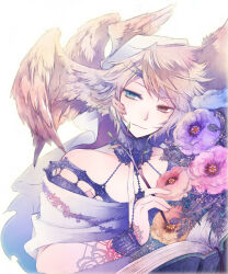 Rule 34 | 1boy, anemone (flower), aqua eyes, arm tattoo, black collar, blonde hair, blue flower, blue shirt, book, branch, bridal gauntlets, brown eyes, circlet, collar, commentary, english commentary, feathered wings, flower, gradient clothes, gradient shirt, head chain, head tilt, heterochromia, holding, holding branch, jewelry, kuroyuki, leaf, light smile, looking at viewer, male focus, multiple wings, off-shoulder shirt, off shoulder, open book, orange flower, original, pink flower, purple flower, red flower, shirt, short hair, simple background, single bridal gauntlet, solo, tattoo, upper body, veil, white shirt, wing ears, wings