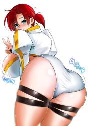 Rule 34 | 1girl, aqua eyes, ass, ass shake, bad id, bad pixiv id, bent over, blush, boudica (fate), bouncing breasts, breasts, fate/grand order, fate (series), huge ass, huge breasts, jiggle, looking at viewer, looking back, perepere-kun, red hair, short hair, shrug (clothing), simple background, skindentation, smile, solo, thick thighs, thighs, translation request, v, white background