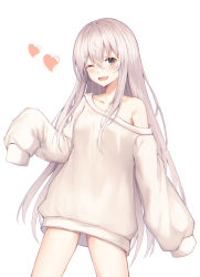 Rule 34 | 1girl, absurdres, bare shoulders, blush, brown eyes, clothing request, collarbone, grey hair, highres, long hair, looking at viewer, muyang, one eye closed, original, oversized clothes, simple background, smile, solo, white background