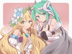 Rule 34 | 2girls, armor, artemis (p&amp;d), bare shoulders, blonde hair, freyja (p&amp;d), green eyes, green hair, hair ornament, jewelry, long hair, multiple girls, open mouth, puzzle &amp; dragons, smile, tono