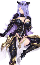 Rule 34 | 1girl, armor, black armor, black capelet, blush, breastplate, breasts, cait aron, camilla (fire emblem), capelet, cleavage, faulds, fire emblem, fire emblem fates, gauntlets, greaves, hair over one eye, highres, large breasts, long hair, looking at viewer, nintendo, pelvic curtain, purple eyes, purple hair, smile, solo, tiara, wavy hair, white background
