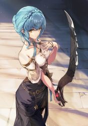 Rule 34 | 1girl, absurdres, atelier (series), atelier ryza, atelier ryza 2, bare shoulders, blue hair, blutgang (fire emblem), braid, brown eyes, commission, commissioner upload, corset, cosplay, crown braid, fire emblem, fire emblem: three houses, highres, holding, holding sword, holding weapon, klaudia valentz, klaudia valentz (cosplay), marianne von edmund, nintendo, o-ring, o-ring top, online neet, solo, sword, weapon
