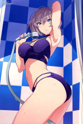 Rule 34 | 1girl, absurdres, arm up, armpits, ass, bathing, bikini, blue eyes, breasts, brown hair, cleavage, frown, gridman universe, hair between eyes, highres, large breasts, looking at viewer, magazine scan, megami magazine, mujina, navel, official art, purple bikini, scan, short hair, shower head, skindentation, solo, ssss.dynazenon, swimsuit, tile wall, tiles, water, wet