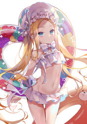 Rule 34 | 1girl, :o, abigail williams (fate), abigail williams (swimsuit foreigner) (fate), abigail williams (swimsuit foreigner) (third ascension) (fate), bad id, bad pixiv id, bikini, blonde hair, blue eyes, bonnet, bow, commentary request, fate/grand order, fate (series), groin, hair bow, heart, innertube, long hair, looking at viewer, machi (7769), navel, parted bangs, parted lips, sidelocks, simple background, solo, star (symbol), strapless, strapless bikini, swim ring, swimsuit, twintails, very long hair, white background, white bikini, white bow, white headwear