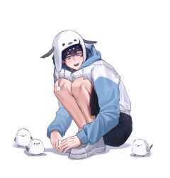 Rule 34 | 1boy, animal, animal hat, bird, black shorts, blue eyes, blue hood, blush, commentary request, drawstring, facial mark, hat, highres, hood, hood down, hoodie, knees up, korean commentary, long sleeves, looking at animal, male focus, multicolored clothes, multicolored hoodie, open mouth, own hands together, plave, pom pom (clothes), shadow, shoes, shorts, simple background, sneakers, solo, squatting, teeth, upper teeth only, white background, white bird, white footwear, white hat, yejun (plave), yeogam