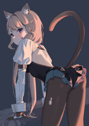 Rule 34 | 1girl, absurdres, animal ear fluff, animal ears, ass, bent over, black leotard, black pantyhose, blush, breasts, cat ears, cat girl, cat tail, closed mouth, facial mark, frilled leotard, frills, genshin impact, gloves, highres, leotard, light brown hair, long hair, long sleeves, looking at viewer, looking back, lynette (genshin impact), medium breasts, pantyhose, purple eyes, simple background, solo, star (symbol), star facial mark, sweat, syhan, tail, torn clothes, torn pantyhose